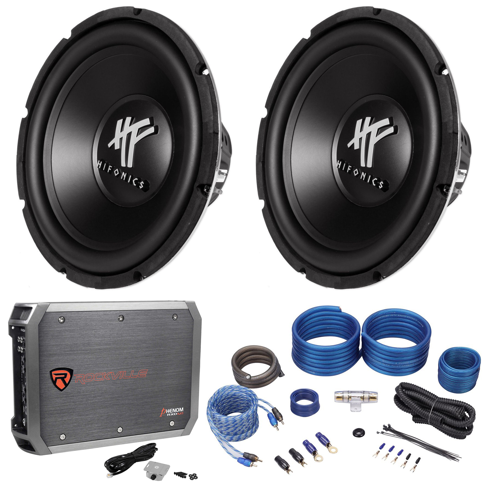 (2) Hifonics HFX12D4 12" 1600w Dual 4Ohm Car Subwoofers+Mono Amplifier