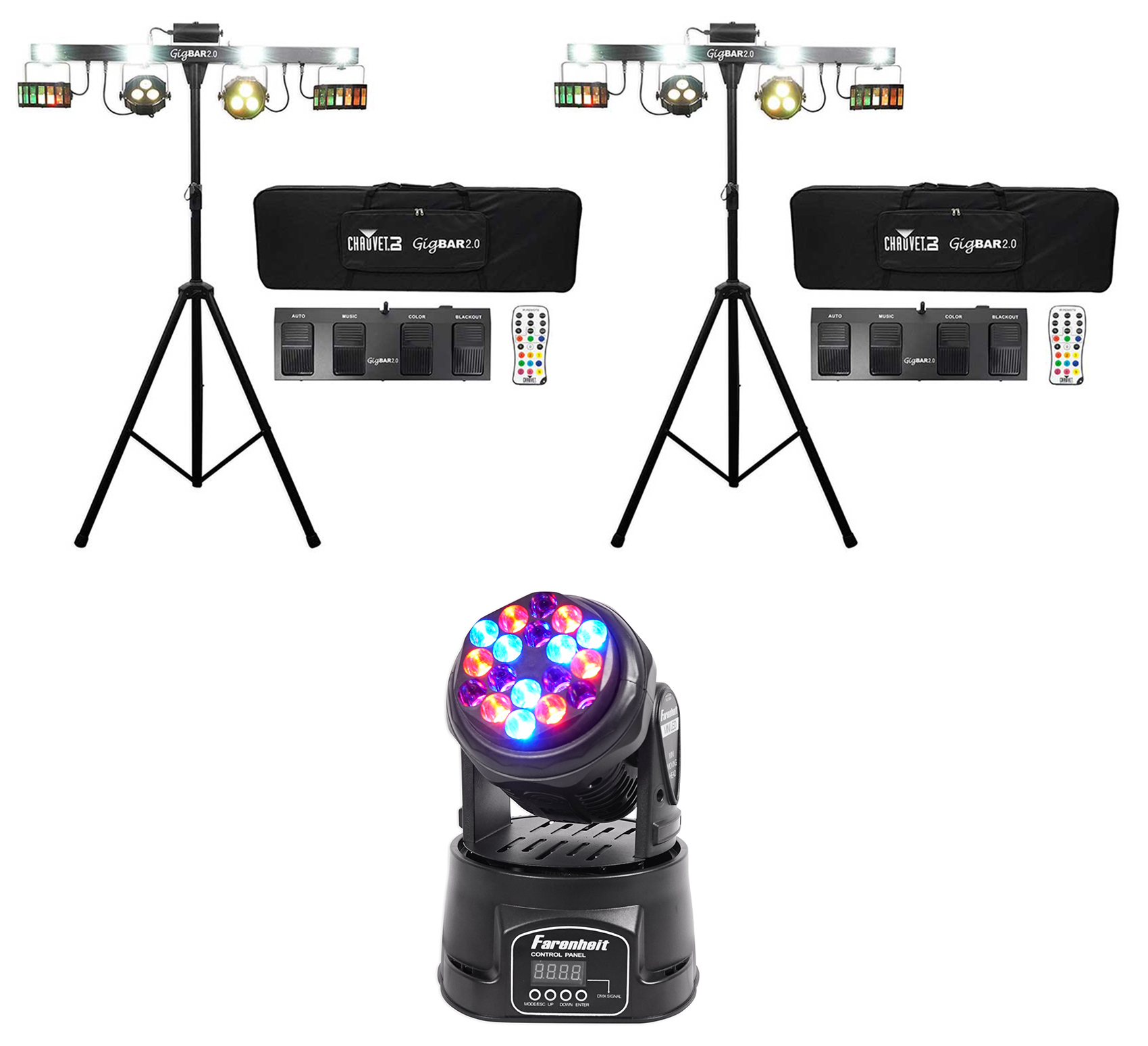 2 Chauvet GigBar 2.0 DMX 4-In-1 Light FX Bars+Tripods+Pedals+Remotes