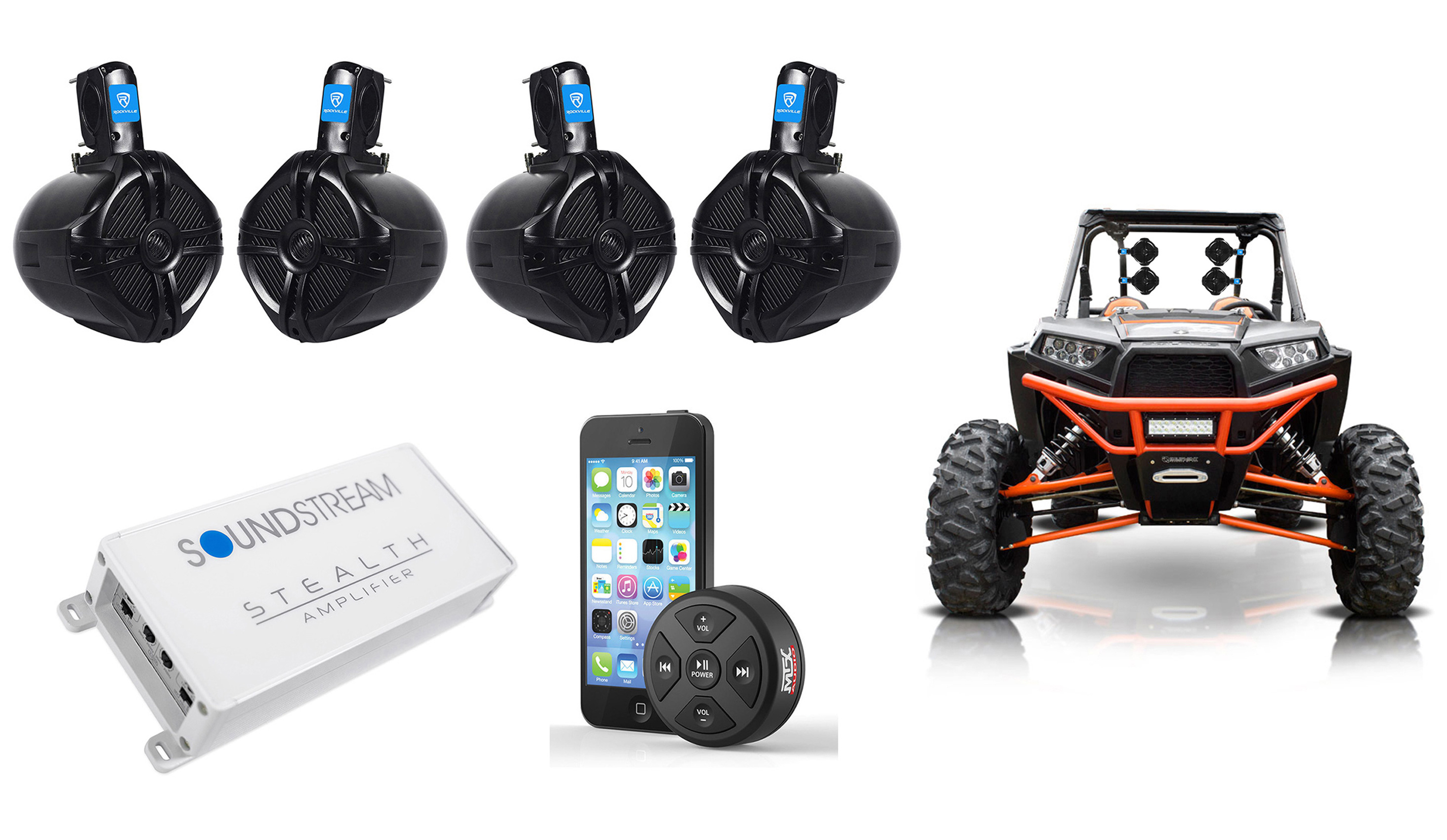 2 Rockville 6.5 Rollbar Tower Speakers+2-Channel Amp+Remote ATV//UTV//RZR//CART