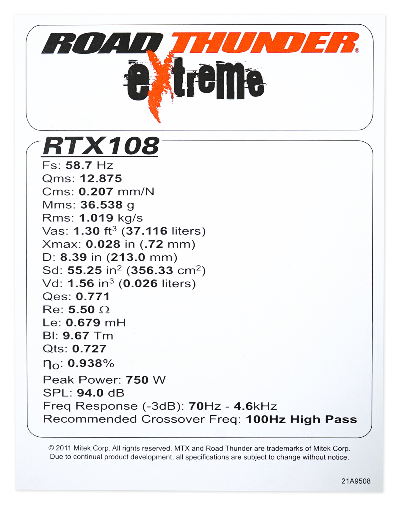 MTX Thunder RTX108 10” 500 Watt 8-Ohm Mid-bass/Midrange Car