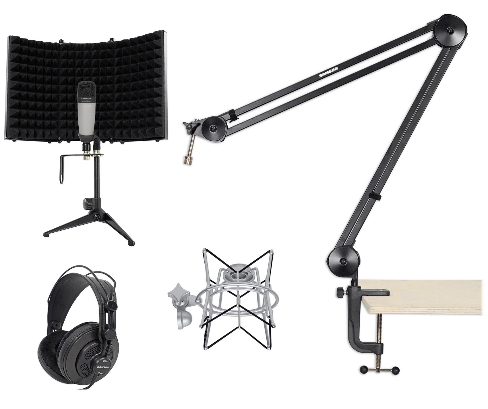 Samson Studio Recording Mic+Boom Arm+Desk Clamp+Shock Mount+Headphones
