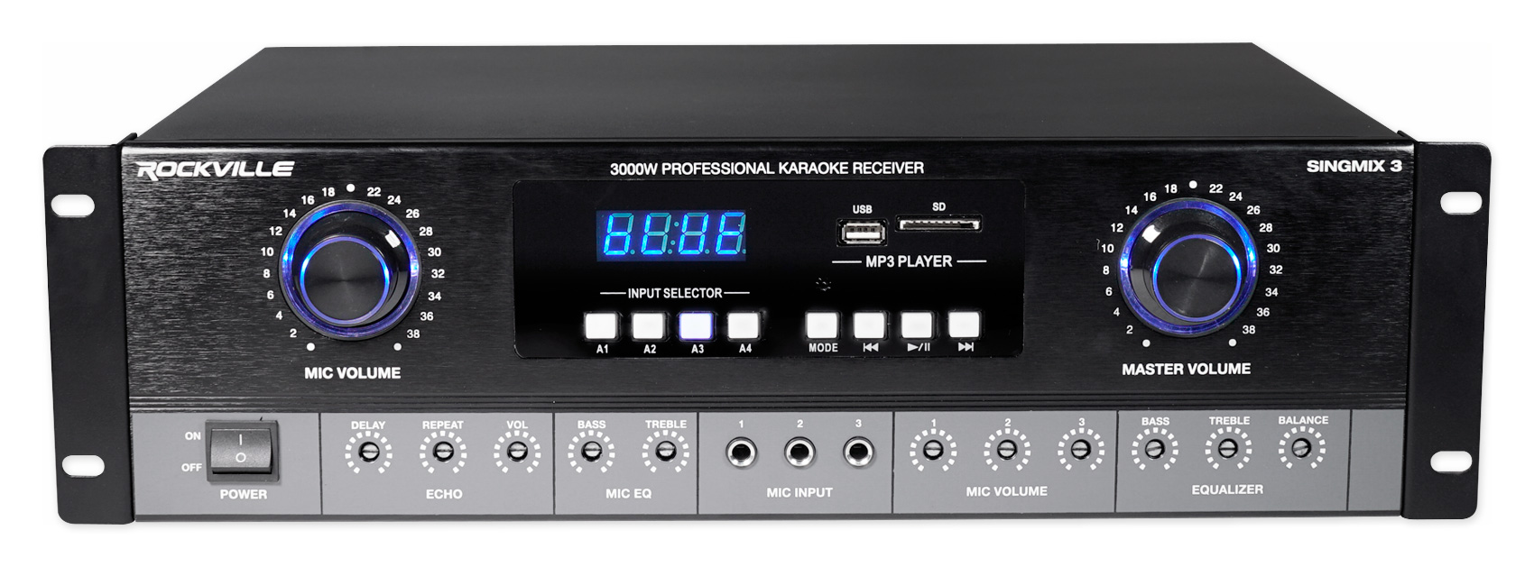 Rockville SingMix 3 Rack Mount 3000w Karaoke Amplifier/Mic Mixer