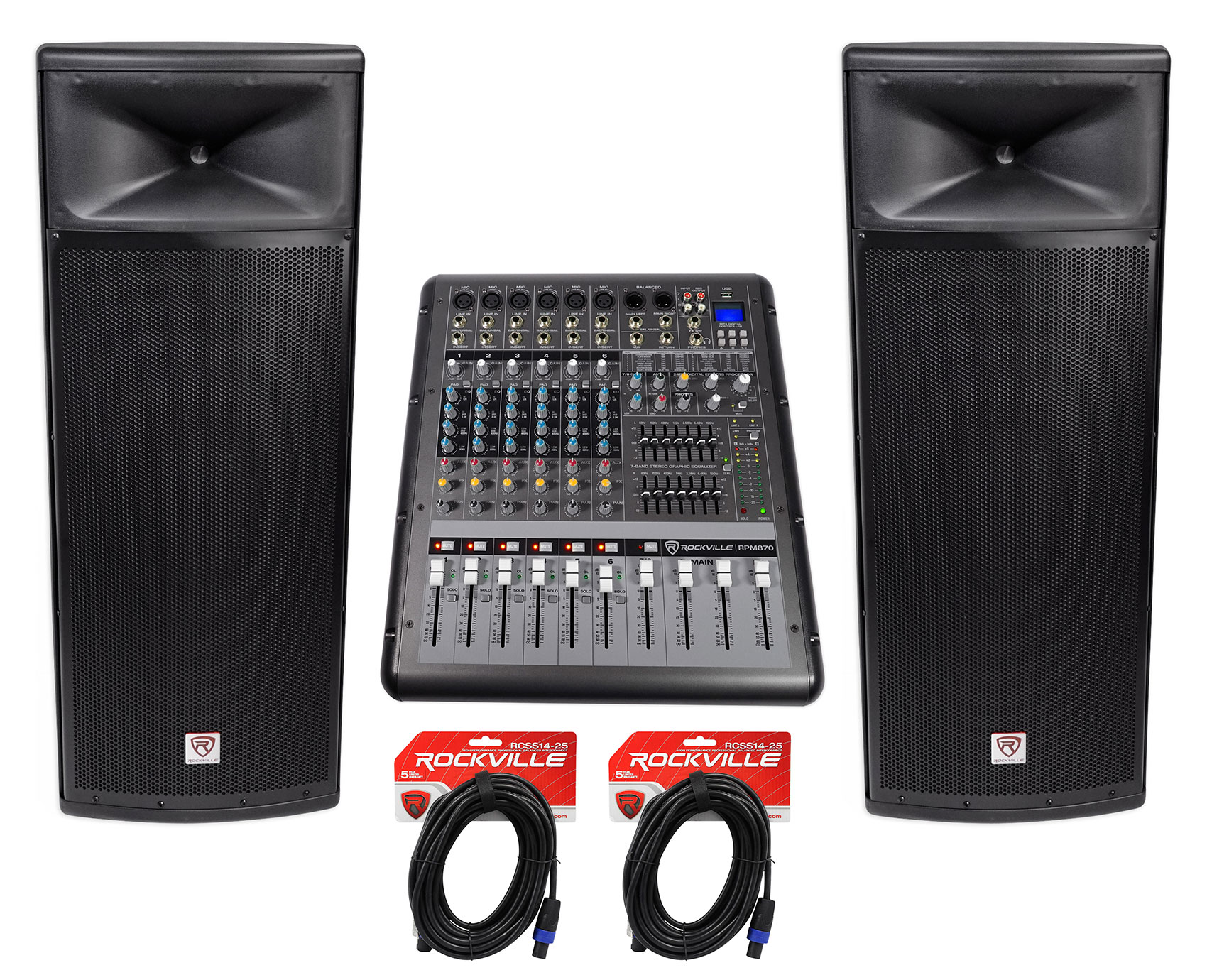 (2) Rockville SPGN258 Dual 15” 3000w 8Ohm DJ PA Speakers+6000w Powered