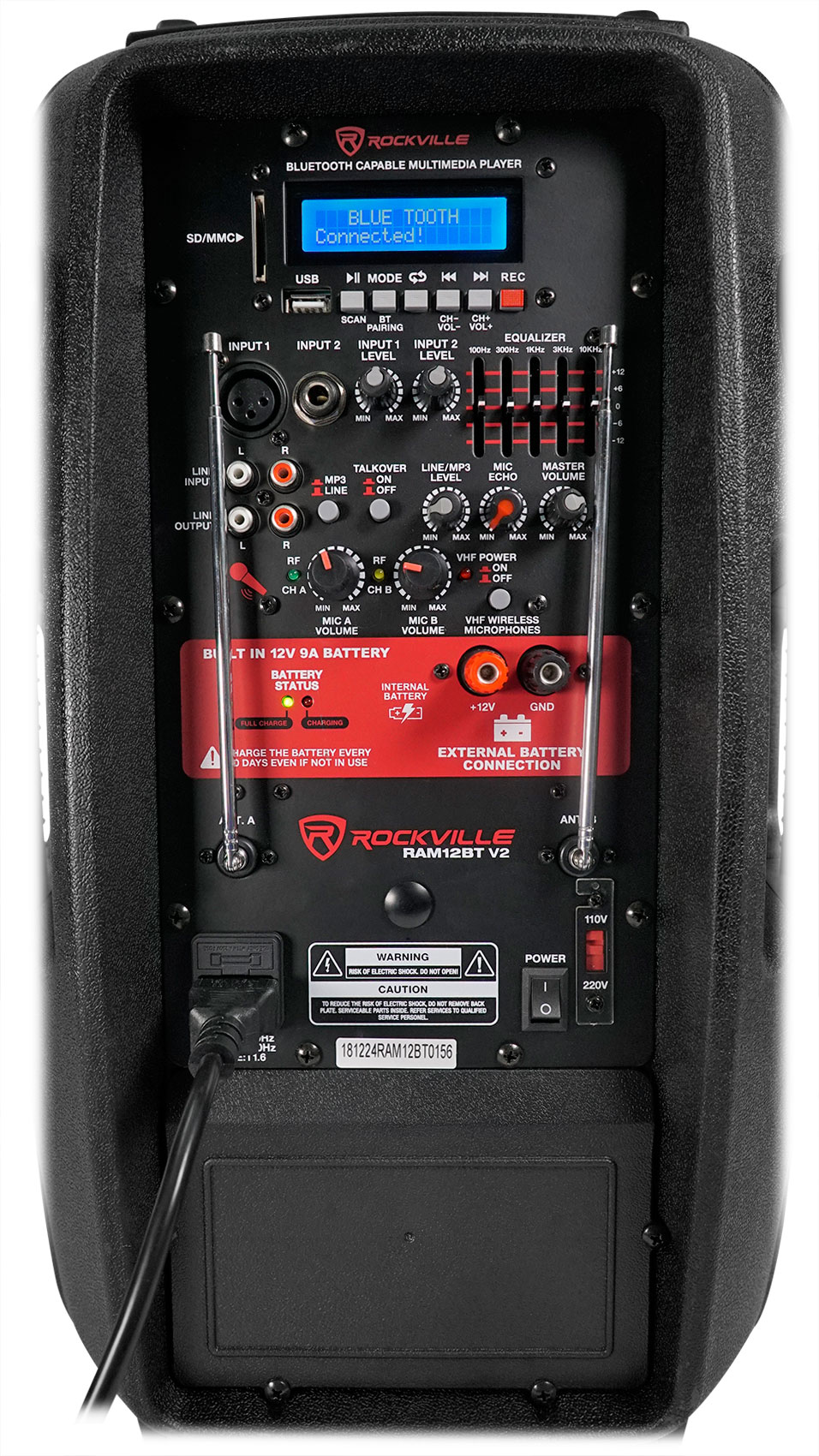 Rockville RAM12BT 12" Rechargeable Powered 600W DJ PA Speaker, 2 Mics