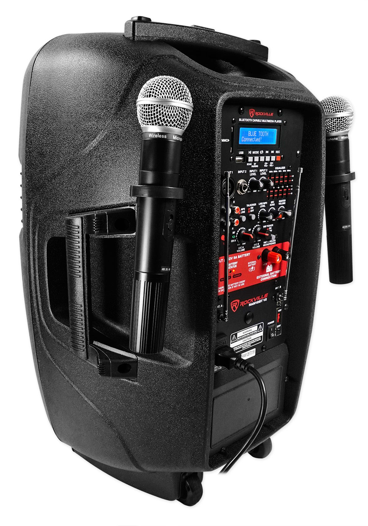 Rockville RAM12BT 12" Rechargeable Powered 600W DJ PA Speaker, 2 Mics