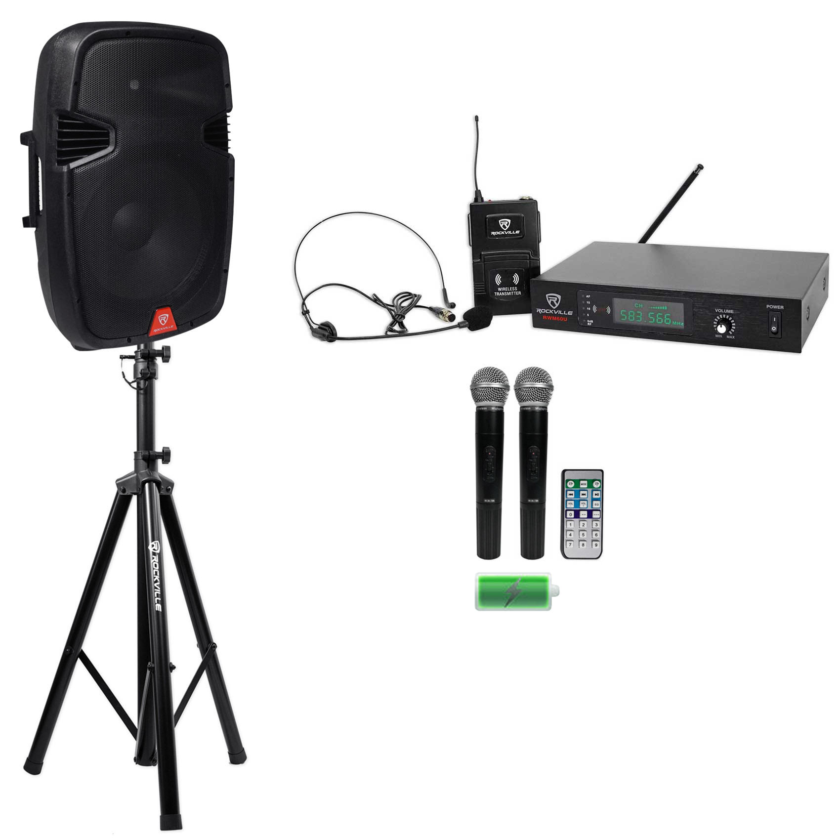Rockville RAM15BT 15"Bluetooth Rechargeable 800W PA Speaker+Headset+2