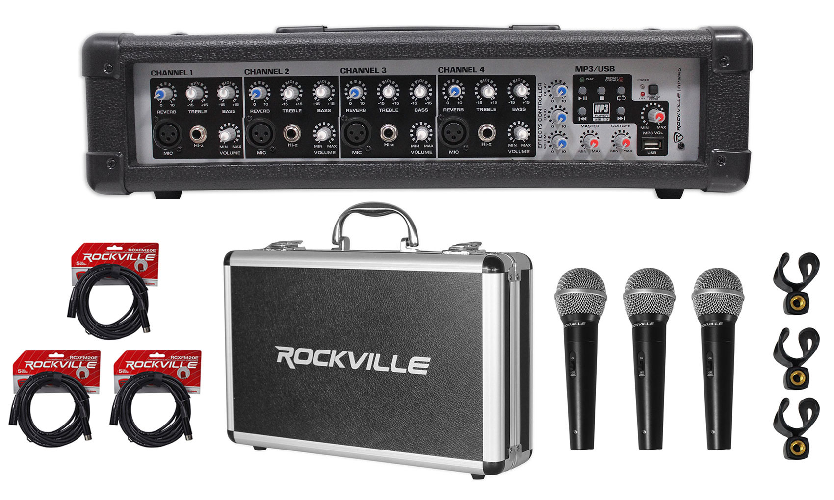 Rockville RPM45 1800 Watt Powered 4 Channel Mixer/Amplifier+(3) Mics