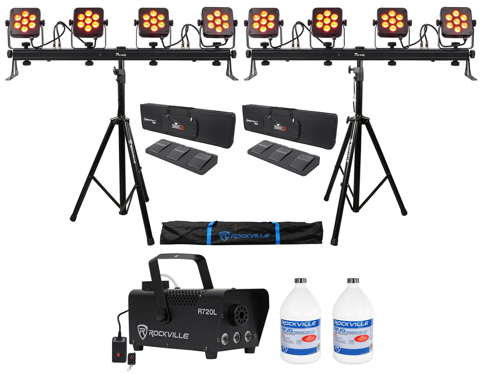 (2) Chauvet DJ 4Bar Flex T USB D-Fi Light Bars+Stands+Cases+Foot