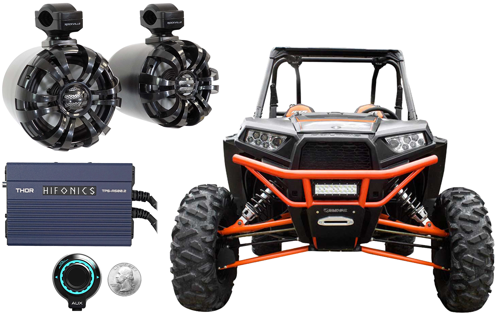 2) Rockville 6.5" Black Tower Speakers+Hifonics Amp+Bluetooth 4 RZR/ATV