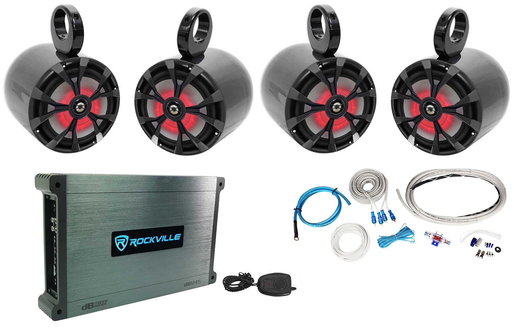 (4) Rockville RKL80MB 8" Marine Boat Wakeboard Tower Speakers w/LED's