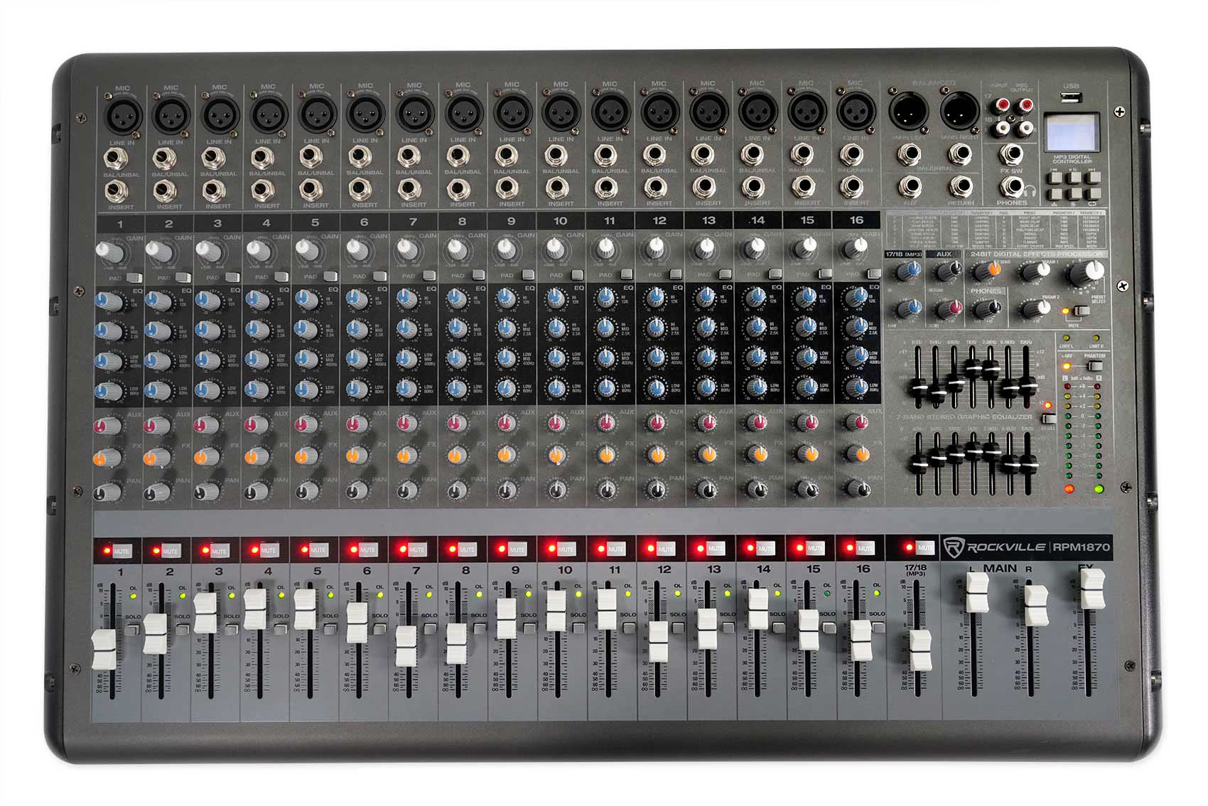 Rockville RPM1870 18 Channel 6000w Powered Mixer w/USB, Effects/16 XDR2