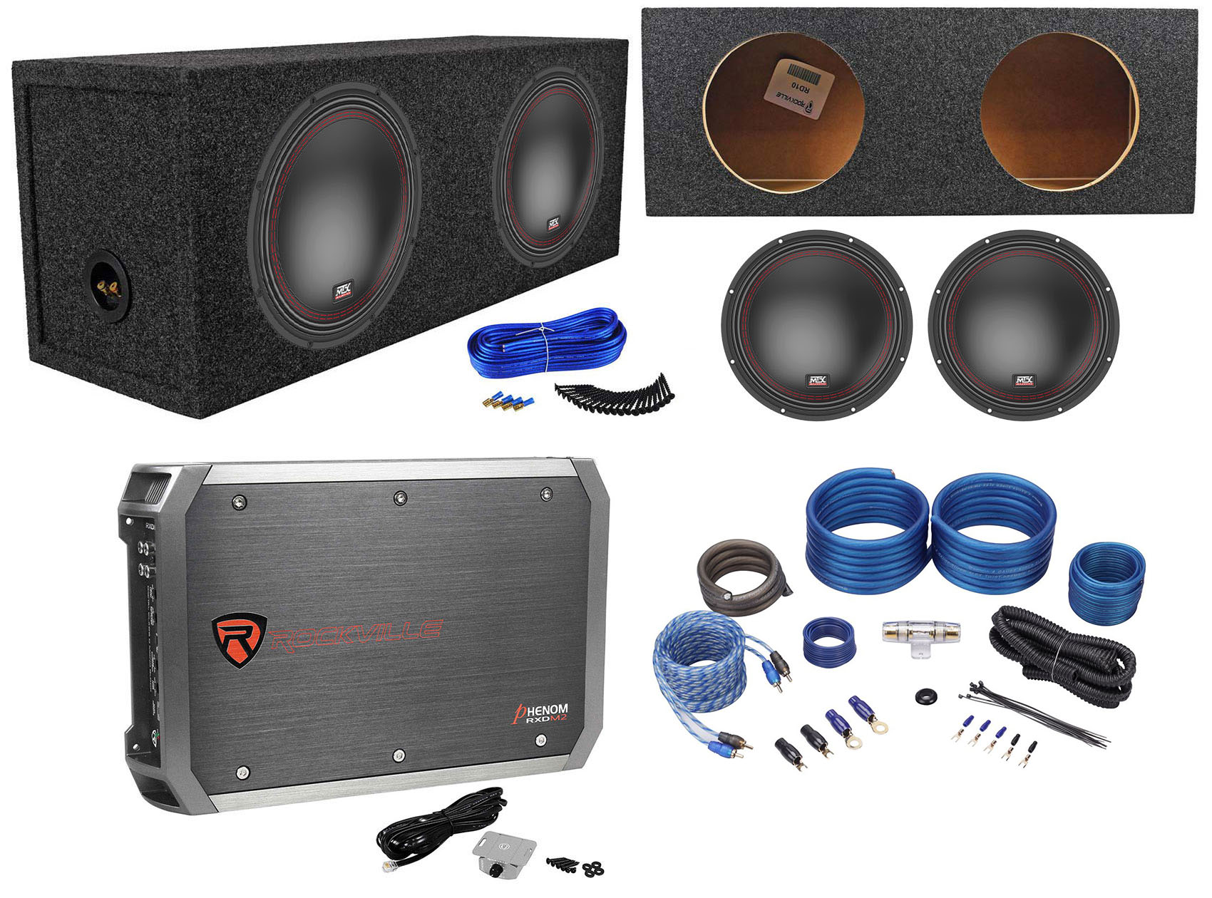 (2) MTX 551044 10" 1600w Car Subwoofers+Sealed Sub Box+Mono Amplifier