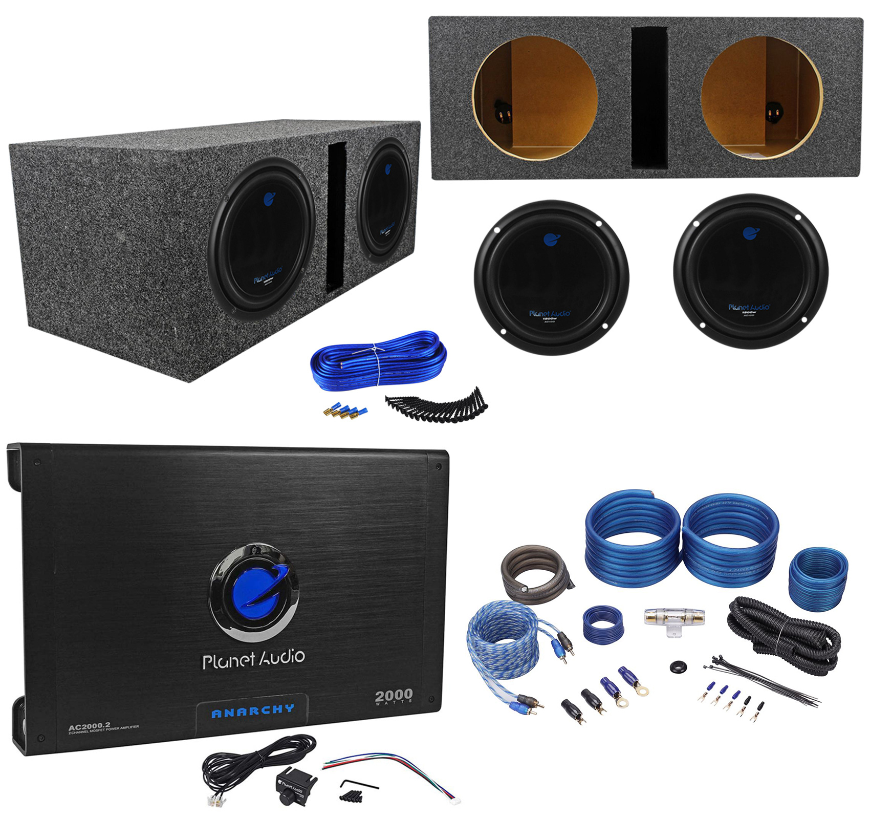 2) PLANET AUDIO AC10D 10" 3000W Subwoofers+Vented Sub Box+2 Ch