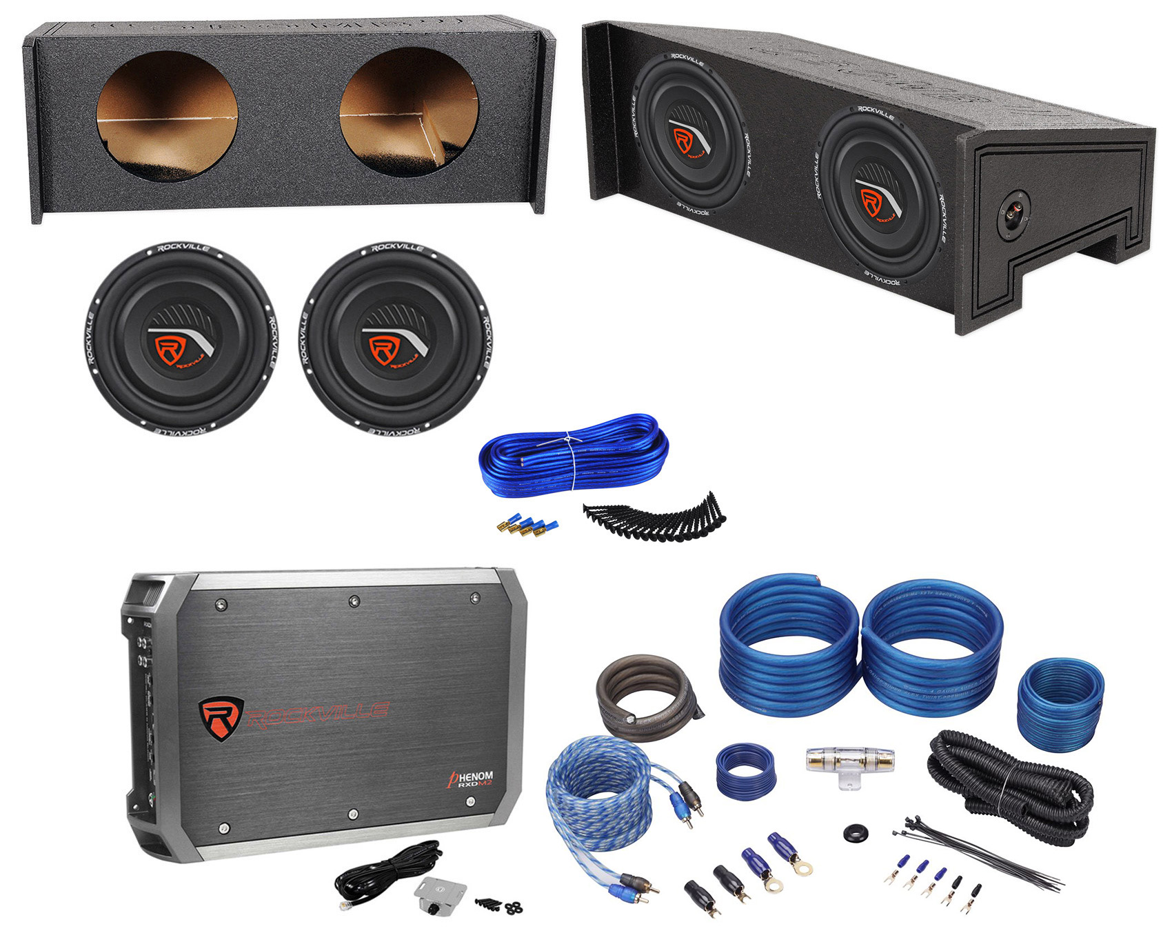Sub Box+2 Rockville W10T4-S2 10" Subs+Amp+Amp For Jeep Wrangler CJ5/CJ7