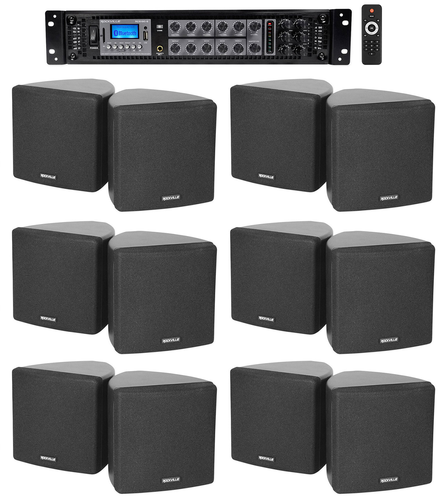 Rockville Commercial 6-Zone Bluetooth Amp+12 3.5" Black Cube Restaurant